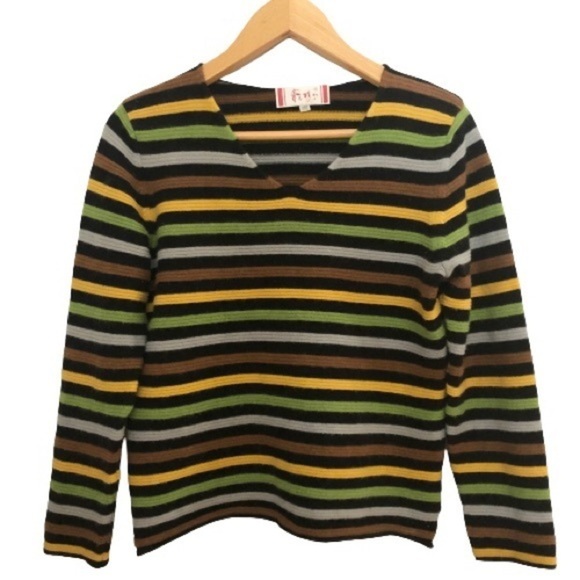 100% Cashmere Multicolor Rainbow Striped V-neck Sweater - Picture 9 of 16